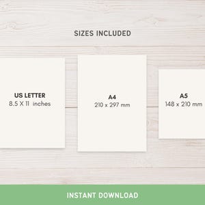 May include: Three white paper sizes are displayed: US Letter (8.5 x 11 inches), A4 (210 x 297 mm), and A5 (148 x 210 mm). The text "SIZES INCLUDED" is at the top, and "INSTANT DOWNLOAD" is at the bottom. The background is a light wood grain.