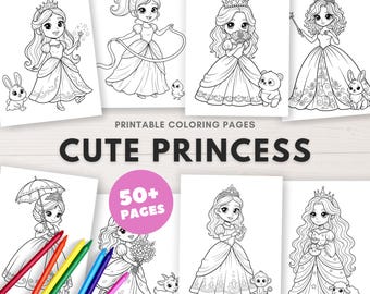 Puede incluir: Una colección de páginas para colorear imprimibles con ilustraciones de princesas lindas. Las páginas en blanco y negro muestran princesas con coronas, vestidos y varios accesorios. El texto "CUTE PRINCESS" y "50+ PAGES" es visible.