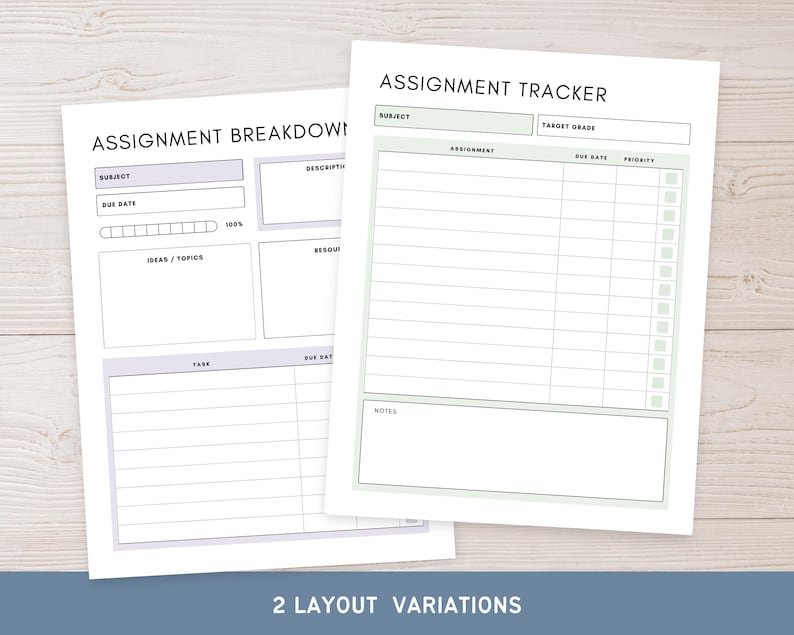 Homework tracker printable with detailed assignment breakdown sections for better planning. Includes space for ideas, resources, and step-by-step tasks to simplify complex assignments. Great for improving productivity and staying organized.