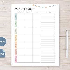 Peut inclure: Un planificateur de repas blanc avec une grille pour les repas quotidiens et une liste de courses. Le planificateur comprend les jours de la semaine dans des couleurs pastel. Le mot "MEAL PLANNER" est en haut, avec les logos Canva et PDF en bas à gauche.