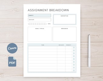 Editable Assignment Tracker Printable Assignment Planner, Homework Tracker, Student Planner, PDF Canva Template (Us Letter, A4, A5, HPC)