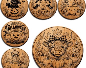 Halloween Coaster SVG Bundle, 6  Fall Animal Designs, Highland Cow Pumpkin, Witch Cat, Ghost, Raccoon Laser Engraving Files