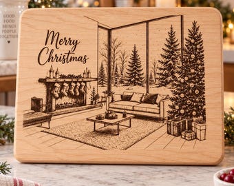 Merry Christmas Cutting Board SVG, Christmas Laser Engraving File, Fireplace Tree Winter Scene, Holiday Kitchen Decor SVG