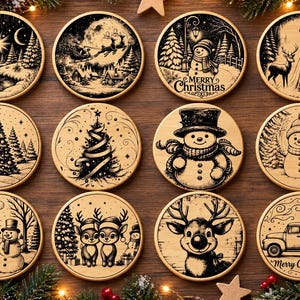 Ensemble de fichiers SVG pour sous-verres de Noël, gravure laser, motifs Joyeux Noël, découpe CNC Glowforge xTool, décorations de Noël en bois (SVG)