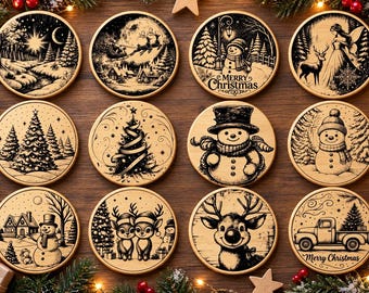 May include: A set of twelve round wooden coasters featuring black laser-engraved holiday illustrations including snowmen, reindeer, Christmas trees, a sleigh, and a truck, with some designs displaying the text Merry Christmas.