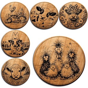 May include: Set of six wooden coasters with engraved farm animal designs. Includes a rooster on a tractor, a cow, a cow with a cat and dog, a cow with a bow, a cow in a field, and a group of chickens.