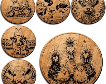 10 Farm Animal Coaster SVG Bundle  Laser Engraving Designs  Rustic  Animals  Wooden Coaster Files