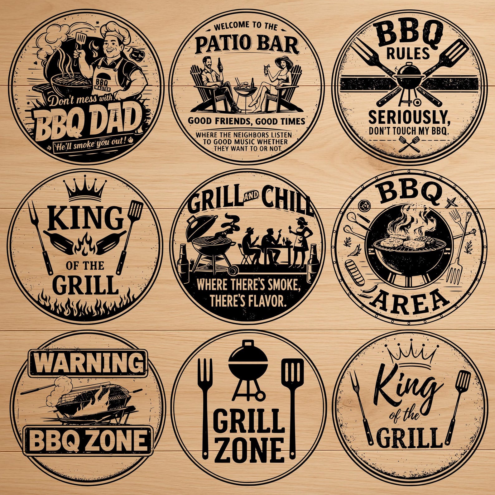 BBQ Sign SVG Bundle: 9 Round Grill Designs, Patio Bar Laser Cut Files ...