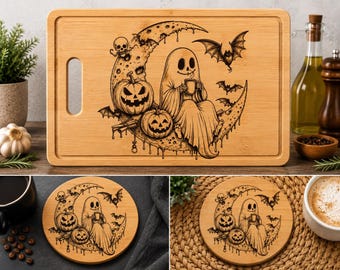 Halloween-Geister, Kürbisse, Mond, Fledermäuse SVG, gruselige Lasergravurdatei (Digitaler Download)