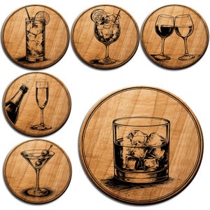 May include: Set of six round wooden coasters with engraved illustrations of cocktails and drinks. Designs include a highball, a stemmed cocktail glass, two wine glasses, a champagne flute, a martini, and a rocks glass.