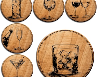 Whiskey & Cocktail Coaster SVG Bundle  Drink Glass Laser Cut Files  Wine Champagne Martini SVG Engraving Designs PNG  Bar Decor