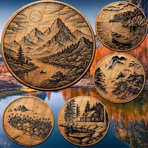 May include: A collection of five wooden coasters, each with a unique engraved landscape design. Scenes include mountains, a boat on a lake, coastal views, a lakeside house, and a tropical island. The coasters are circular and made of wood with a natural finish.