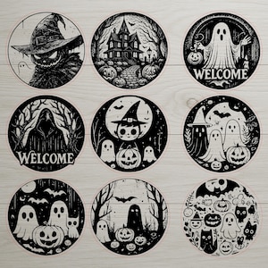 May include: A collection of nine black and white Halloween-themed circular designs. Each design features spooky illustrations of ghosts, jack-o'-lanterns, witches, haunted houses, and bats. Some designs include the word "WELCOME".