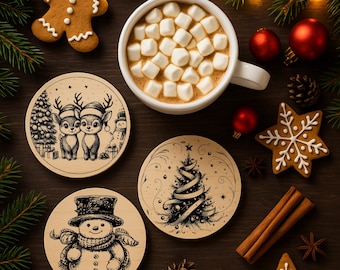 May include: A festive Christmas arrangement featuring a mug of hot chocolate with marshmallows, gingerbread biscuits, and decorative coasters with holiday illustrations. Cinnamon sticks, pine cones, and baubles complete the cosy scene.