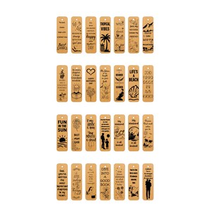 May include: A collection of wooden bookmarks with various engraved designs and inspirational quotes. The bookmarks feature images of a pineapple, a seashell, and silhouettes, along with phrases like "Happy Mother's Day" and "Dive into a good book."