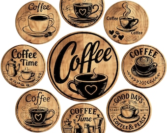 Kaffee Untersetzer Design Bundle 10 Laser Cut Dateien SVG PNG Barista Stil Gravur Designs Geschenkideen für Kaffeeliebhaber