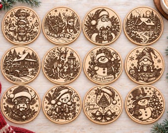 12 Christmas Coaster SVG Bundle, Christmas Laser Engraving Designs, Santa Reindeer Snowman Gnome SVG, Xmas Coaster PNG, Laser Cut Files