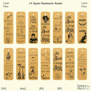 May include: A bundle of 14 digital bookmarks with various designs and quotes. The bookmarks are rectangular with a hole at the top. Each bookmark features unique illustrations and text, including quotes about reading and books. The color is a light brown.