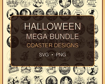 Halloween Mega  Coaster SVG Bundle, 74 Spooky Laser Engraving Designs, Round Coaster PNG, Witch Ghost Pumpkin Digital Download
