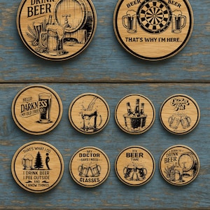 May include: A collection of wooden beer coasters with various beer-related designs and text. The coasters feature illustrations of beer mugs, barrels, and phrases like "Born to Drink Beer" and "Darts Beer".