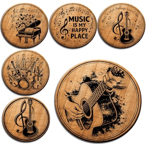 May include: A collection of six wooden coasters featuring musical themes. Designs include a piano, guitars, and other instruments. Some coasters have musical notes and the text "Music is my happy place."