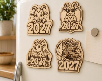 2027 Goat SVG Bundle, 4 New Year Goat Designs, Laser Engraving Files for Fridge Magnets, Coasters and Cutting Boards, SVG PNG