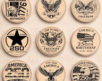 250 jaar Amerika SVG-bundel | Lasergesneden bestanden op onafhankelijkheidsdag 1776–2026 | 4 juli Coaster SVG | Gravureontwerp patriottische adelaar