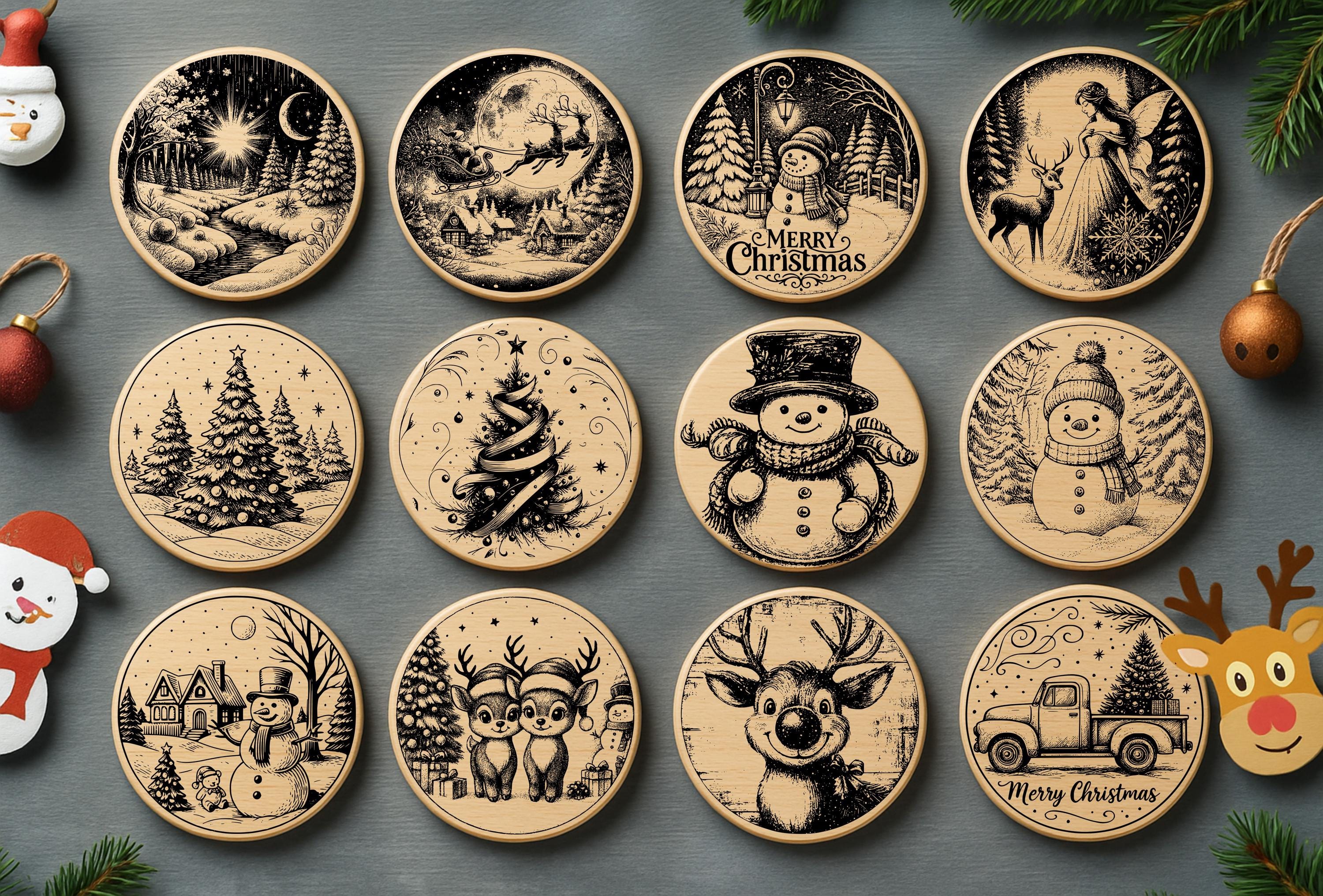 Christmas Coaster SVG Bundle, Laser Engraving Files, Merry