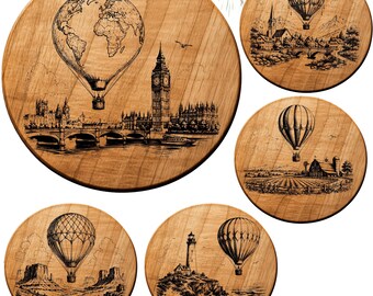 Heißluftballon-Untersetzer SVG Bundle Reise Wahrzeichen Lasergravur Dateien Holz Untersetzer PNG DXF für xTool Glowforge