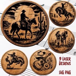 May include: A collection of nine laser-cut wooden designs featuring Western themes. The designs include cowboys on horseback, a guitar with a cowboy hat, and desert landscapes with cacti. The text "9 LASER DESIGNS" and "SVG PNG" are also visible.