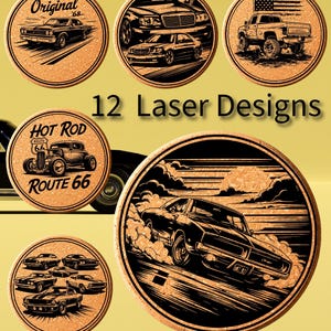 May include: A set of twelve laser-cut cork coasters, each with a different classic car design. The coasters feature illustrations of vintage cars, including a Route 66 hot rod, a pickup truck with a flag, and other classic car graphics. Each coaster is round.