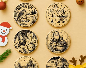 May include: A set of eight round wooden coasters with engraved Christmas designs. The coasters depict Santa Claus, reindeer, ornaments, and winter scenes. Each coaster is approximately 10 cm in diameter.