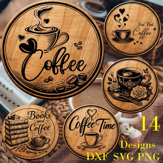 14 Coffee Coaster SVG Bundle  Engraving Designs for Laser Cutting png svg dxf