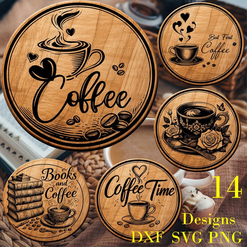 14 Coffee Coaster SVG Bundle Engraving Designs for Laser Cutting png svg dxf image 1