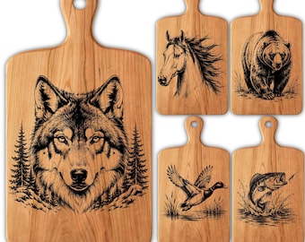 Wildlife Schneidebrett SVG Bundle 9 Tier Laser Gravur Dateien Hirsch Wolf Bär Pferd Ente Fisch Adler Löwe Fuchs PNG
