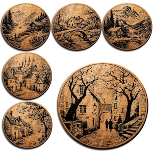 May include: Set of six wooden coasters with engraved landscape scenes. Each coaster features a different detailed illustration of houses, bridges, and mountains. The coasters have a natural wood grain finish and a dark engraved design.