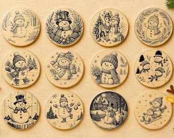 May include: A set of twelve circular wooden coasters, each engraved with a different snowman design. The coasters depict snowmen in various winter scenes, with hats, scarves, and festive decorations, all in a monochrome style.