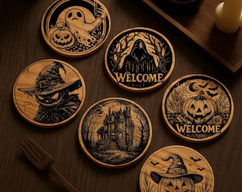 SVG-bundel Halloween-onderzetter: 40 lasergesneden spookachtige ontwerpen (digitale download)