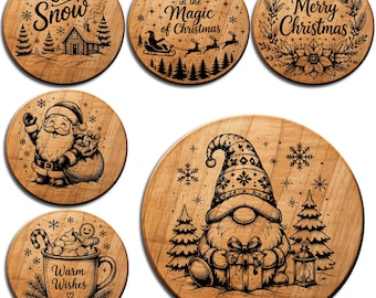 9 weihnachtliche Untersetzer (SVG-Bundle), Dateien für weihnachtliche Lasergravuren, Weihnachtsmann-, Schneemann- und Zwergenmotive, runde Holzuntersetzer (PNG)