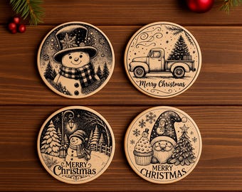 May include: Four circular wooden coasters with festive Christmas designs. One depicts a snowman in a top hat and scarf, another a truck carrying a Christmas tree, and two others with snowmen and gnomes. The text "Merry Christmas" is included on two coasters. The text "Laser SVG Files" is at the top.