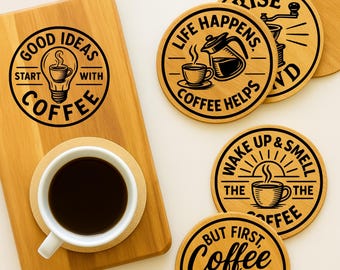 Paquete de posavasos SVG con frases divertidas sobre café / Archivos cortados con láser (descarga digital)