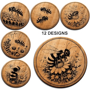 May include: A collection of wooden coasters with bee-themed designs. Each coaster features a detailed black and white illustration of bees, honeycombs, and flowers. The text "12 DESIGNS" is displayed in the center.
