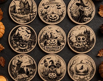 Halloween Coaster SVG Bundle, 9 Spooky Laser Engraving Designs, Witch Pumpkin Ghost SVG PNG, Halloween Laser Cut Files