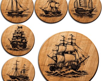 Vintage Segelschiff Untersetzer SVG Bundle | Nautische Lasergravur Dateien | Piratenschiff & Ozeanboot Holz Untersetzer