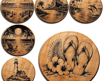 Strand Untersetzer svg bündel Küsten Ozean Laser Gravur Dateien Sommer runden Untersetzer png Welle Leuchtturm Surf Van Designs