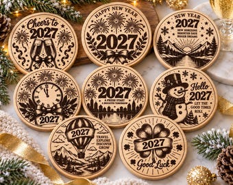 New Year 2027 Coaster SVG Bundle, 10 Laser Engraving Designs, Happy New Year SVG PNG, Wooden Coaster Digital Download, xTool Glowforge
