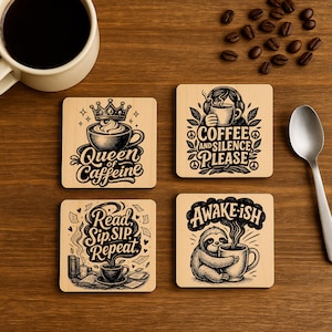 Roliga kaffecitat-underlägg SVG-paket: Laserskurna filer (digital nedladdning)