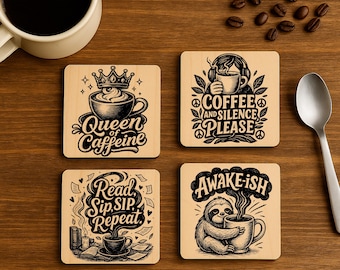 Paquete SVG de posavasos con frases divertidas de café: archivos cortados con láser (descarga digital)