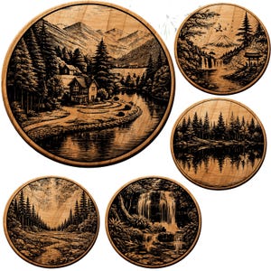 May include: Set of five round wooden wall art pieces. Each piece features a detailed, engraved landscape scene. Scenes include a mountain range, a river with a house, a waterfall, a forest, and a lake with trees. The wood has a natural, light brown color.