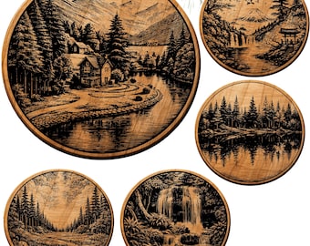 Nature Landscape Coaster SVG Bundle  5 Laser Engraving Designs Mountain Forest Waterfall Scenes Wood Coaster Files  Instant Download